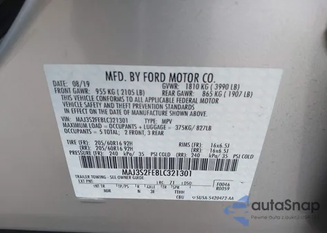 2020 Ford Ecosport S z USA, uszkodzony, nr VIN MAJ3S2FE8LC321301